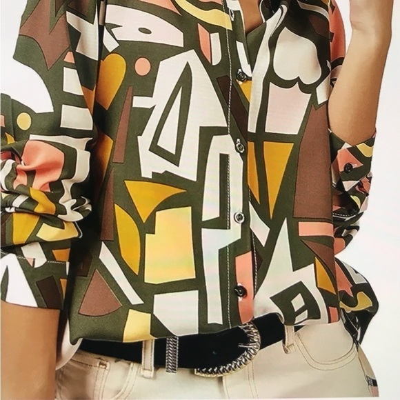 Big Dart Womens Button Down Shirt Long Sleeve Retro Abstract Color Block Funky M - Picture 2 of 14